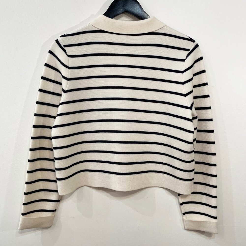 EUC Sezane Betty Merino Wool Striped Collared Cardigan Ecru Navy S - Picture 4 of 9